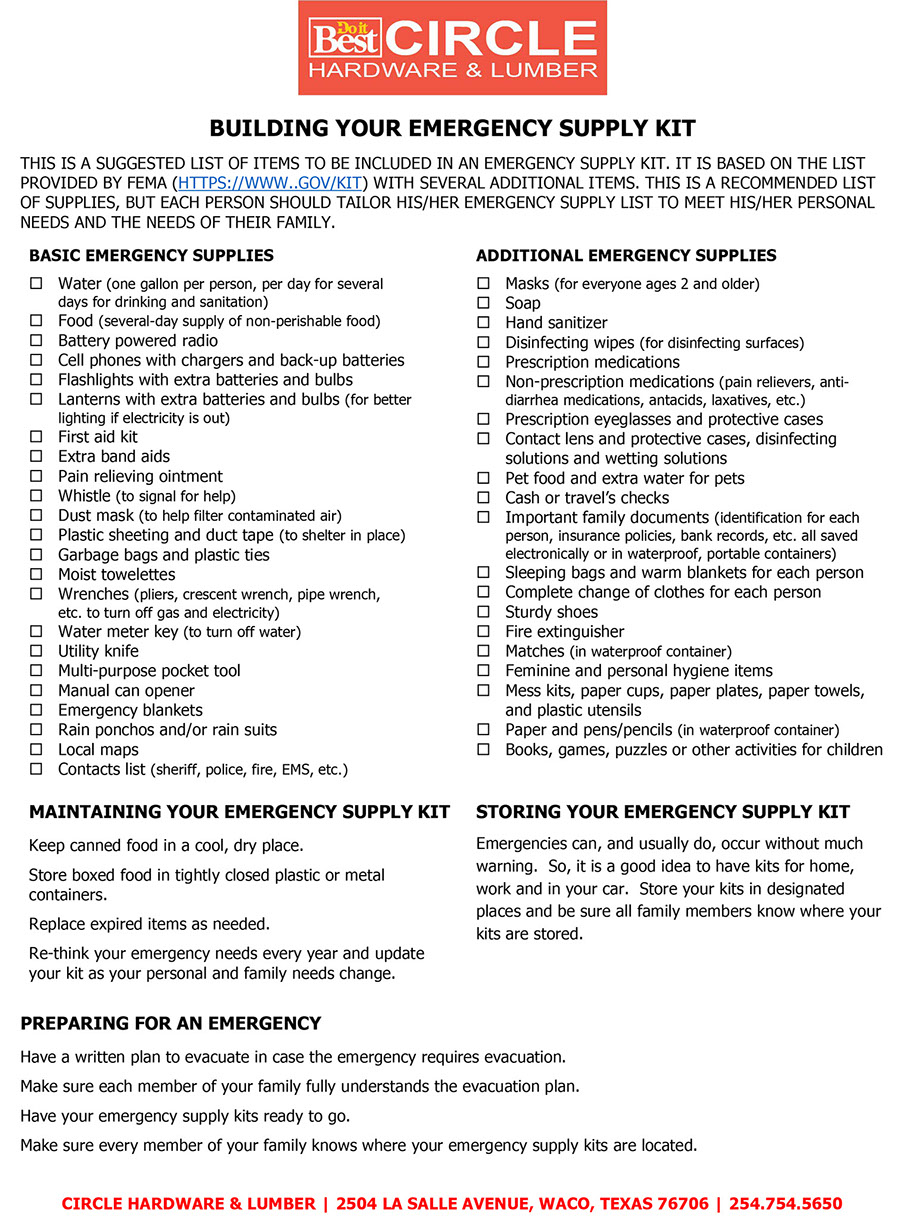 Circle Hardware & Lumber Checklist